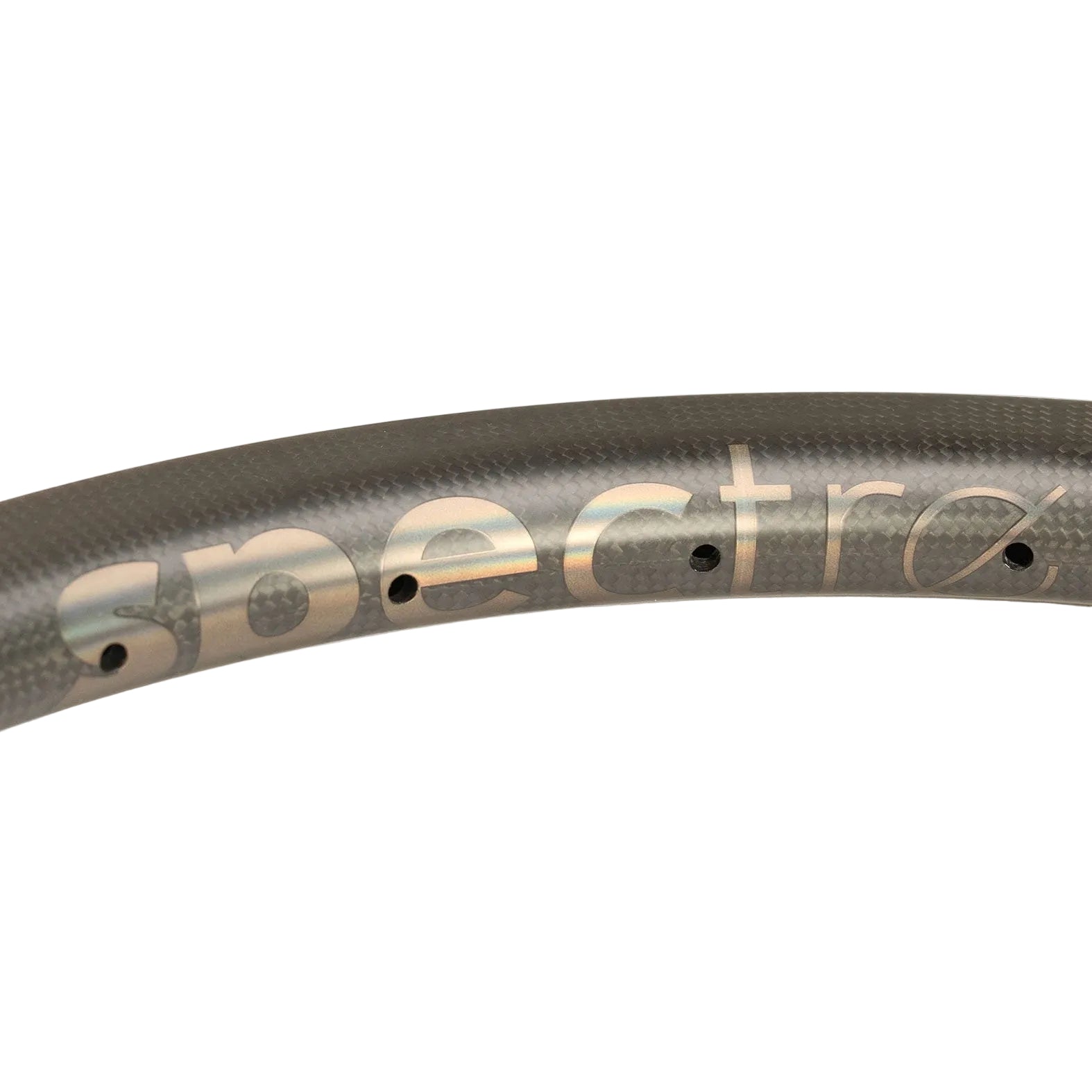 Close-up of the Spectre V3 Carbon Fiber 451 28H Brakeless Rim, featuring a lightweight unidirectional carbon finish and "spectre" printed in a metallic style.