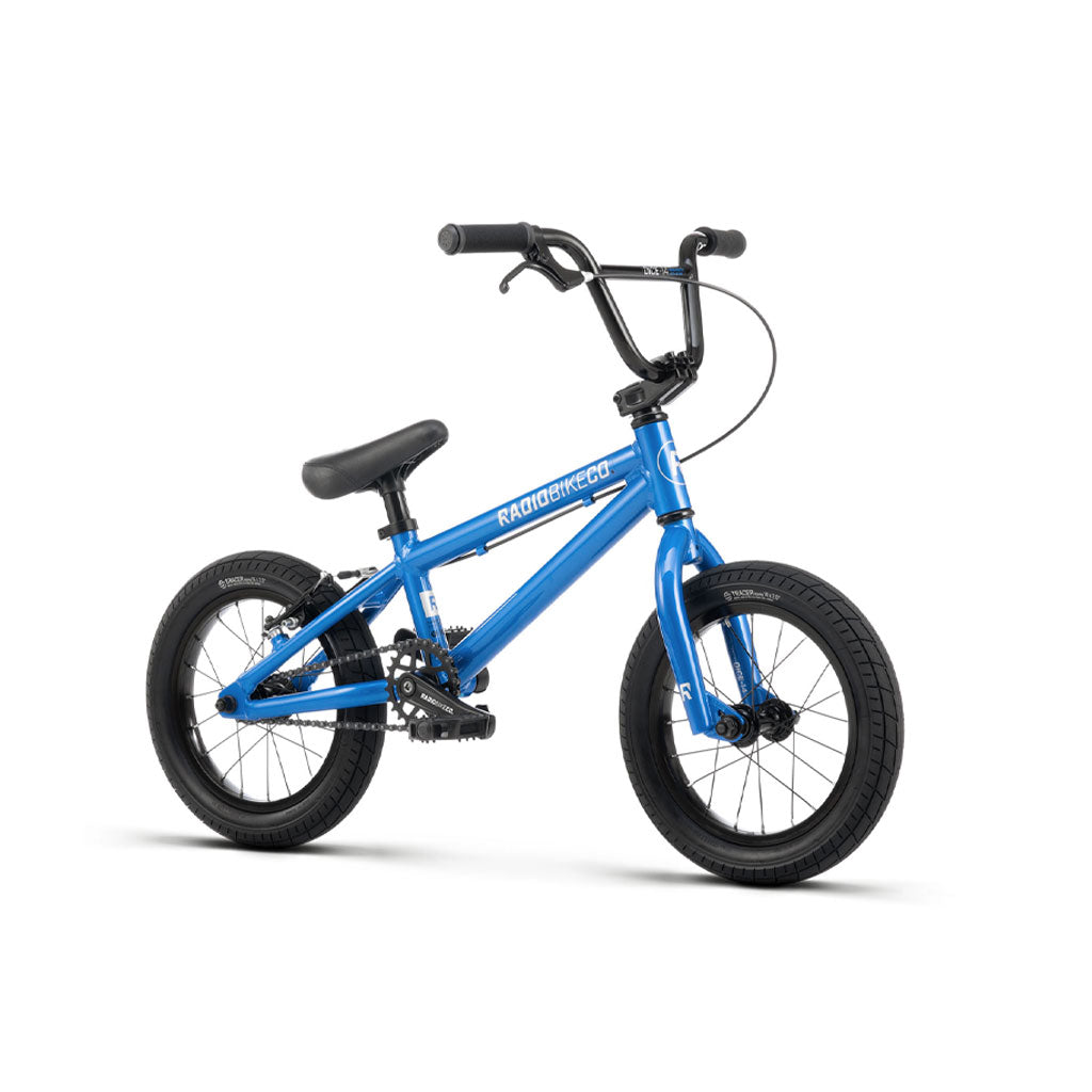 A blue Radio Dice 14 Inch Bike children's BMX bike against a white background.