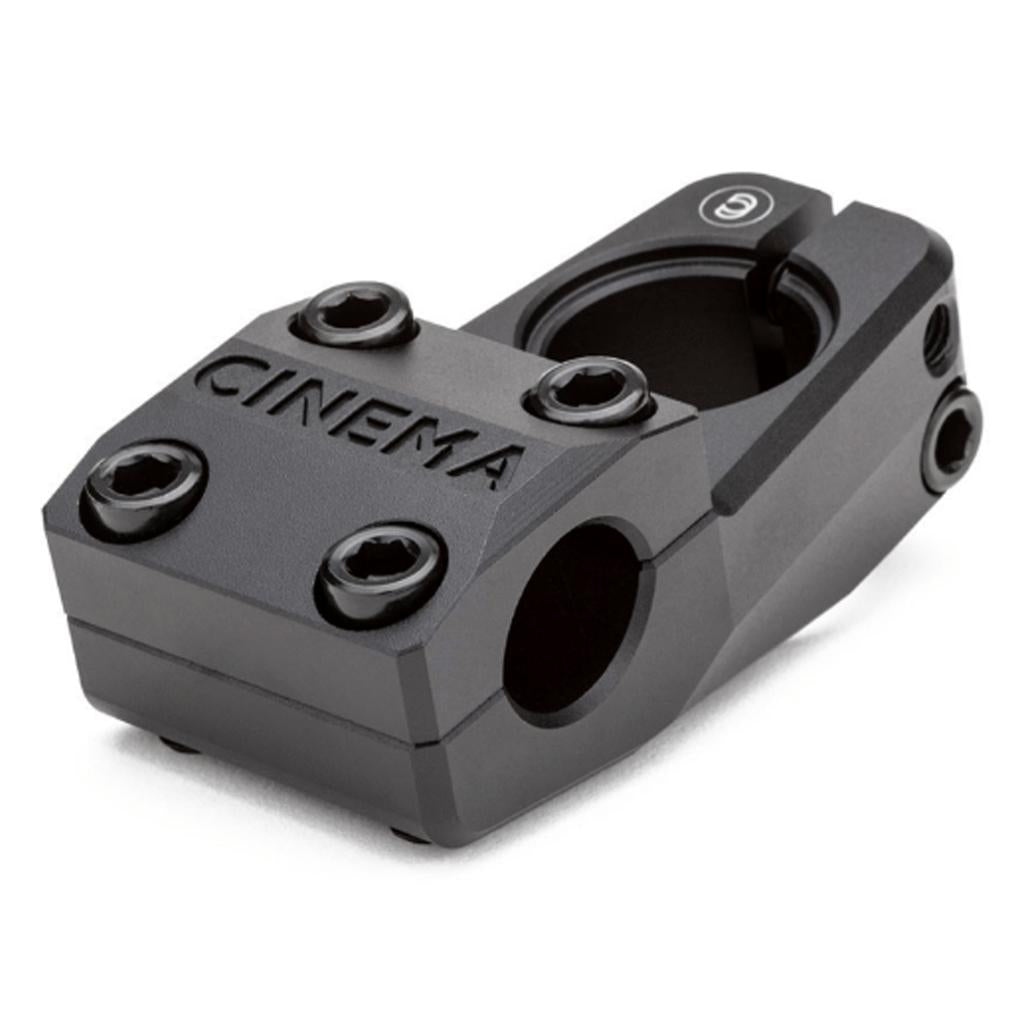 The Cinema Analog High Top Load Stem is CNC machined from 6061-T6 aluminum in black, with "CINEMA" engraved on top and multiple bolt holes for secure attachment.