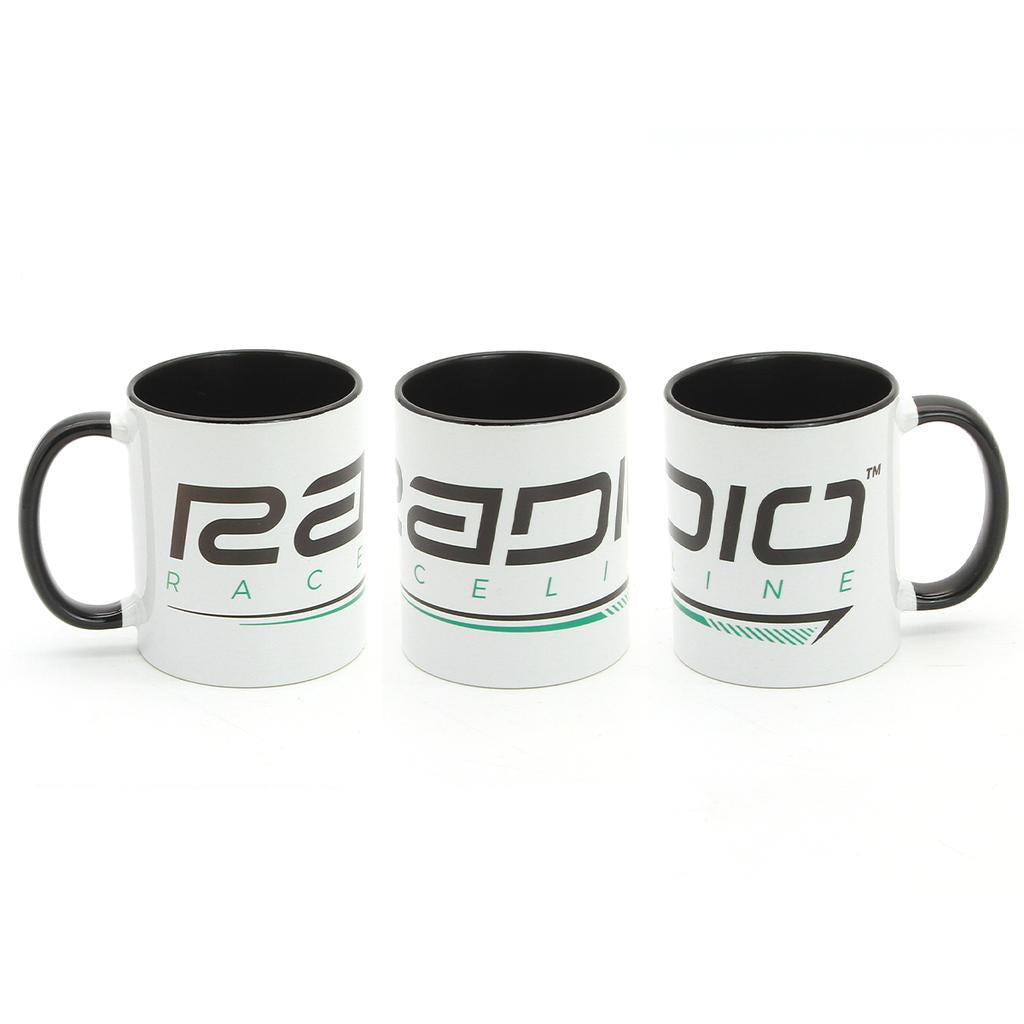 Three 12oz Radio Raceline Coffee Mugs with black handles and interiors are arranged side by side, each showing part of "RACELINE" and a stylized black and teal design—ideal track mugs for racing fans.