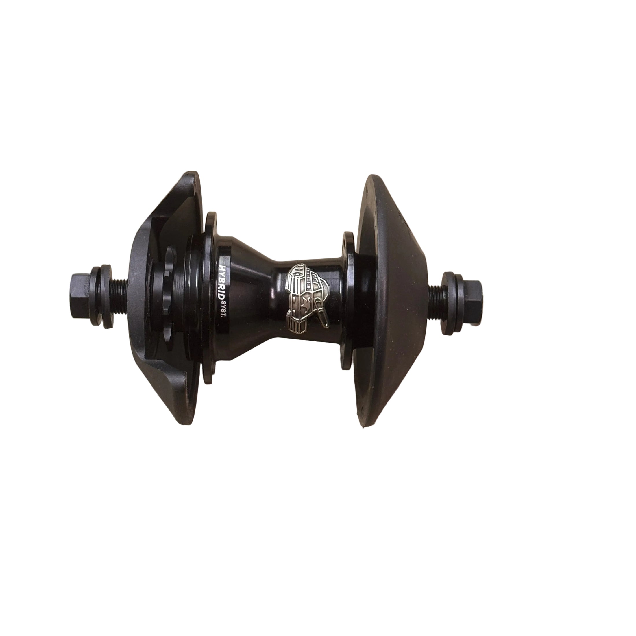 The Animal Sherman Hybrid Rear Hub is a black BMX hub with axle bolts, a hybrid freecoaster mechanism, dual hub guards, and a central logo, shown isolated on a white background.