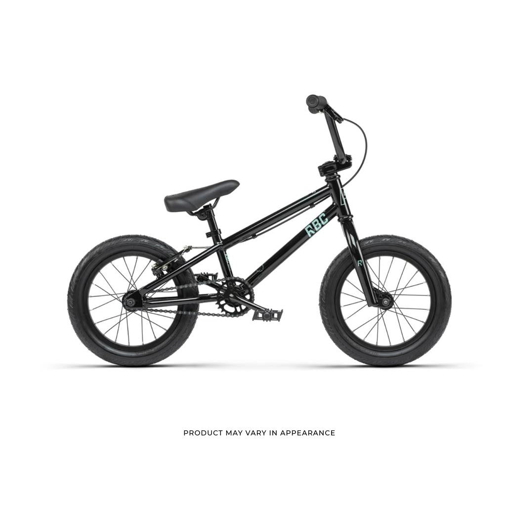The Radio Revo 14 Inch bike, shown in black with training wheels removed, features thick tires and a padded seat, displayed against a plain white background.