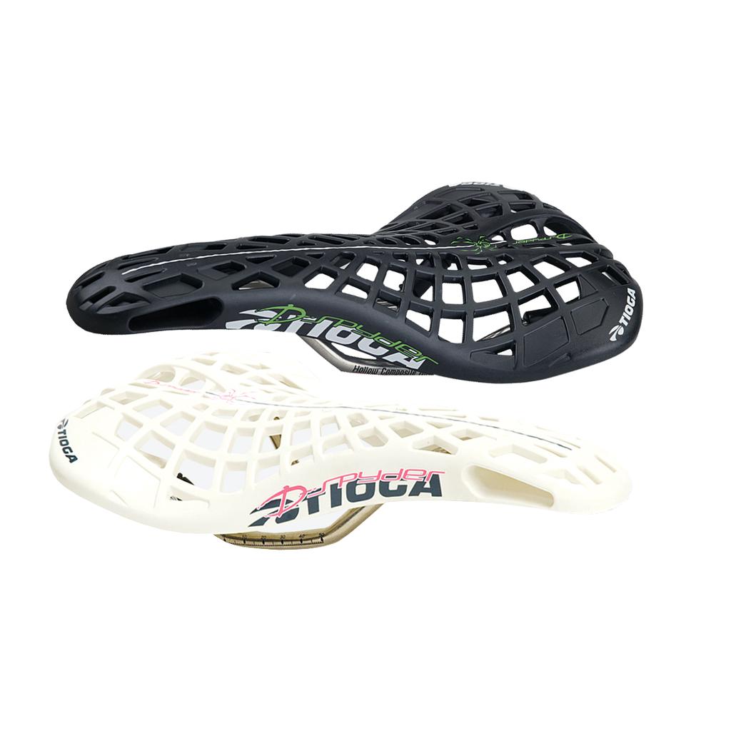 Two ventilated Tioga D-Spyder Chromoly Railed Seats, one in black and one in white, featuring a honeycomb structure and visible brand logos, are displayed on a white background. These lightweight bicycle saddles are designed for optimal performance and comfort with durable chromoly rails.