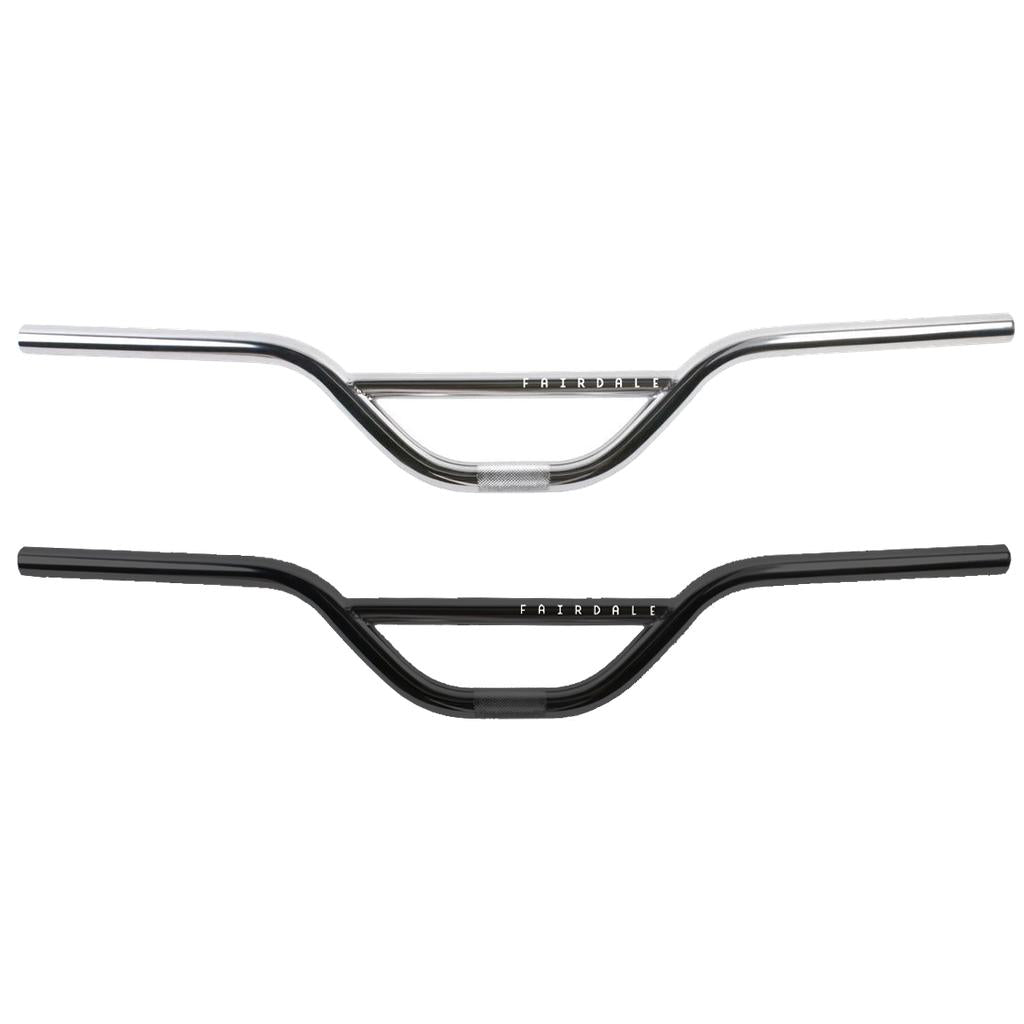 The Fairdale MX Bars, available in silver and black, feature a curved design with a mid-rise that's ideal for BMX enthusiasts. Crafted from chromoly steel, these handlebars combine strength and style for bike customization fans.