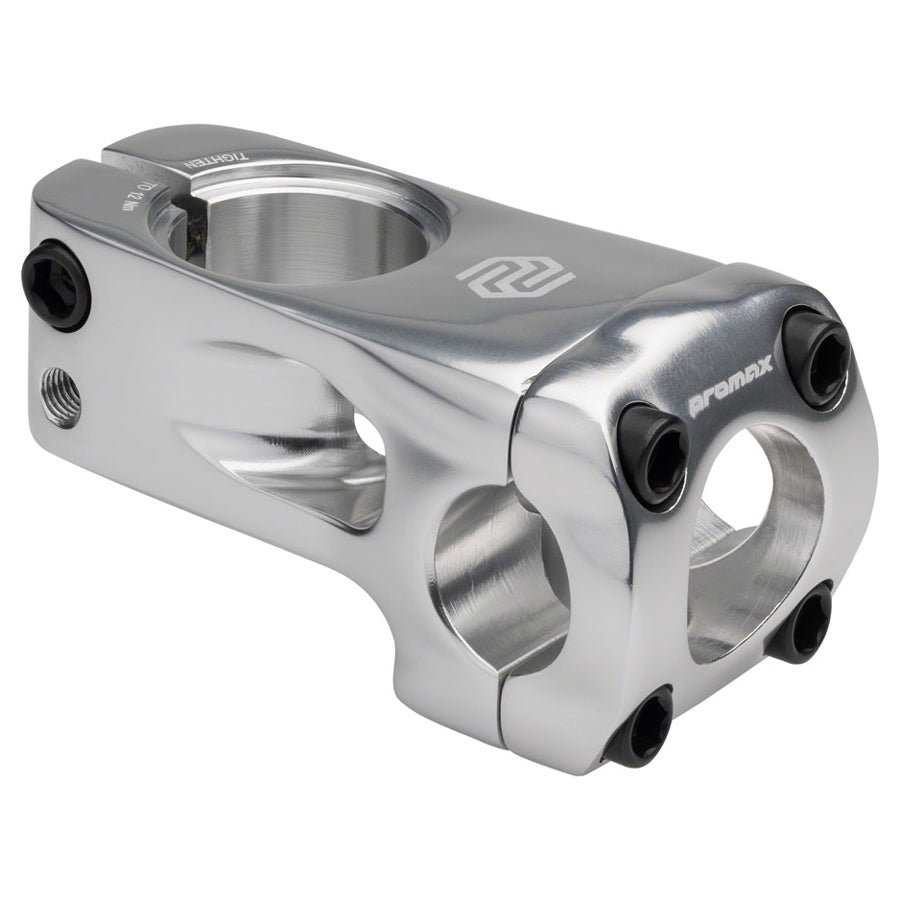 A silver Promax Banger Stem BMX racing and freestyle bicycle stem with a front-load design and two holes on it.