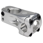 A silver Promax Banger Stem BMX racing and freestyle bicycle stem with a front-load design and two holes on it.
