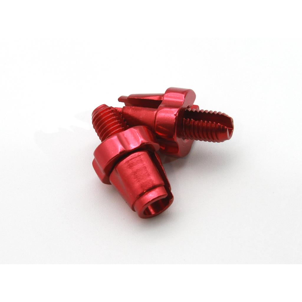 Two Salt M7 Brake Cable Barrel Adjusters, made from 6061-T6 alloy with a red finish, featuring hexagonal heads and threaded shafts, displayed on a white surface.