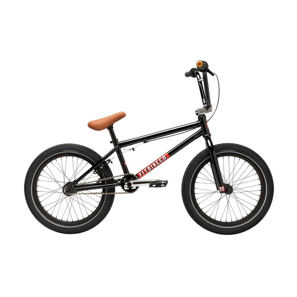 Fit Bike Co Misfit 18 Inch youth BMX bike in black, featuring a brown seat, black tires, and straight handlebars, shown in profile against a white background.