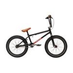 Fit Bike Co Misfit 18 Inch youth BMX bike in black, featuring a brown seat, black tires, and straight handlebars, shown in profile against a white background.