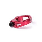 The Salt AM Seat Clamp, in red 25.4mm size, is crafted from durable 6061-T6 alloy and features a black bolt with a white logo, shown on a white background.