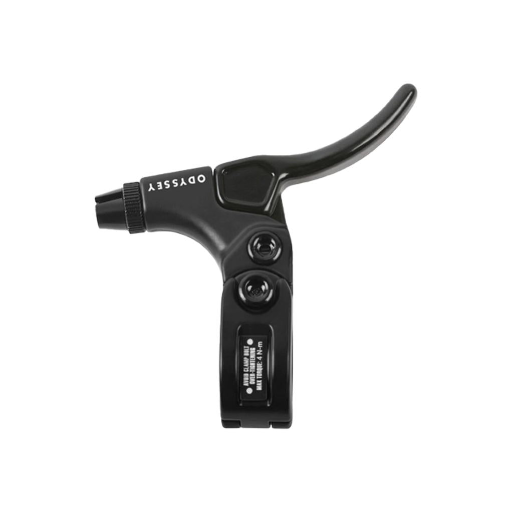 Odyssey Monolever Short Lever BMX brake lever with a hinged clamp, adjustment screws, angled handle, and mounting clamp, shown on a white background.