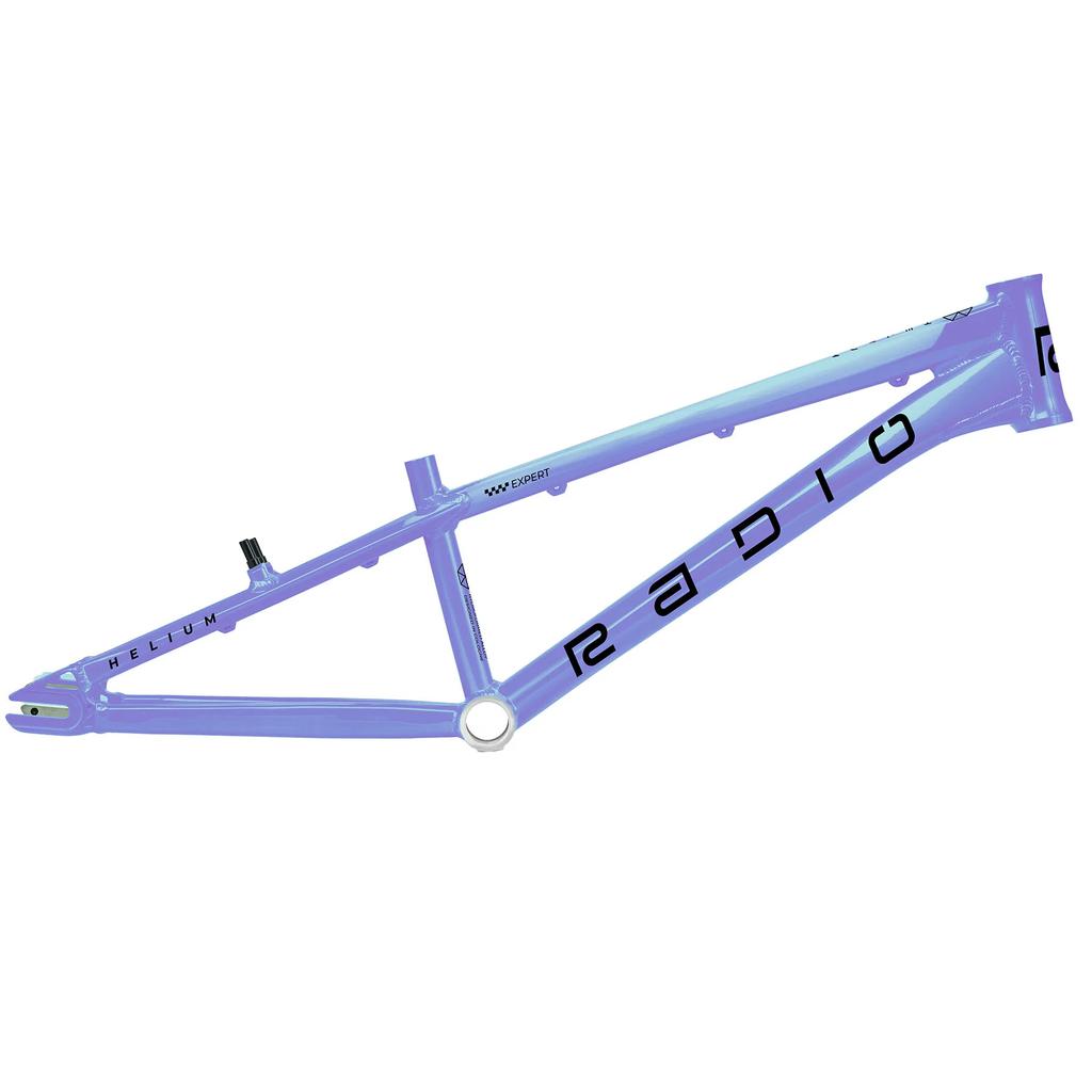 A blue Radio Raceline Helium 2025 Expert XL frame featuring "RADIO" on the side in bold black letters.
