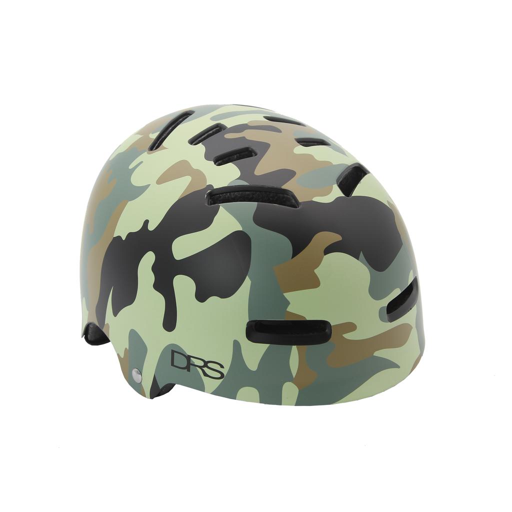 The DRS Helmet Camo is a matte camouflage-patterned bike helmet with multiple ventilation slots, meets Australian standards, and features "DRS" on the lower back—ideal for BMX and skate helmet enthusiasts.
