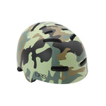 The DRS Helmet Camo is a matte camouflage-patterned bike helmet with multiple ventilation slots, meets Australian standards, and features "DRS" on the lower back—ideal for BMX and skate helmet enthusiasts.