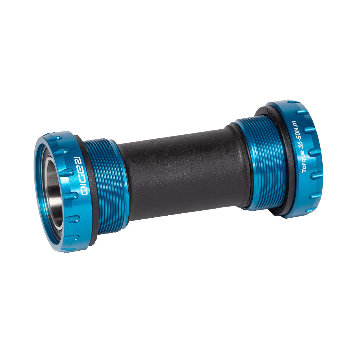 A blue and black bicycle stem with a black sleeve featuring a Radio Raceline External Euro Bottom Bracket.