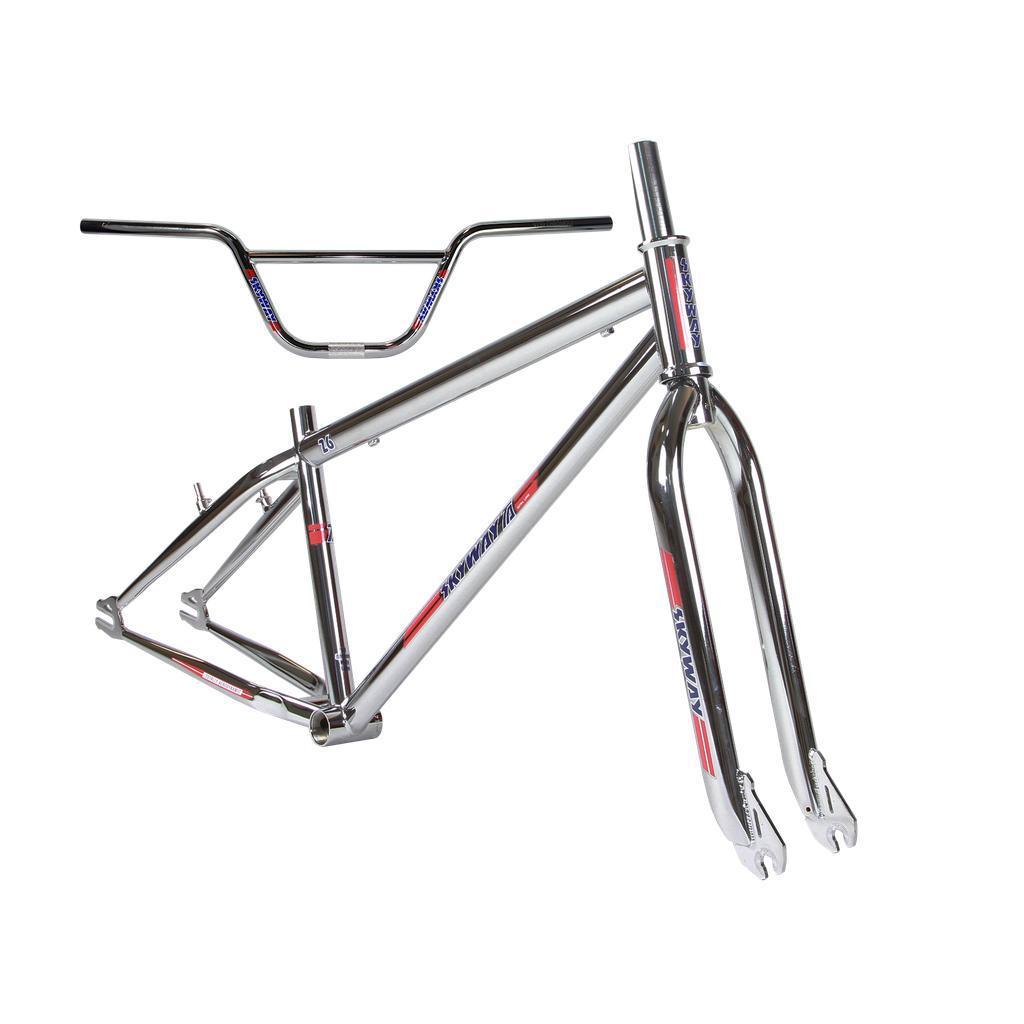 Skyway 26 Inch Frame/Forks/Bars Kit with Chromoly Teardrop Tubing, fork, and handlebars, features red and blue decals. Displayed on a white background.