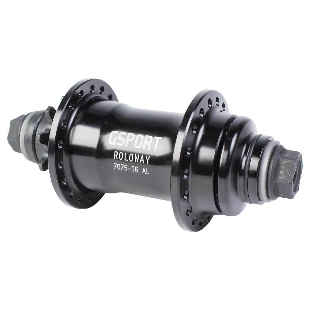 The G-Sport Roloway Rear Hub is constructed from 7075-T6 aluminum and finished in black. It features multiple spoke holes and axle bolts visible on both ends, and its RHD/LHD compatibility makes it a versatile option for different BMX setups.