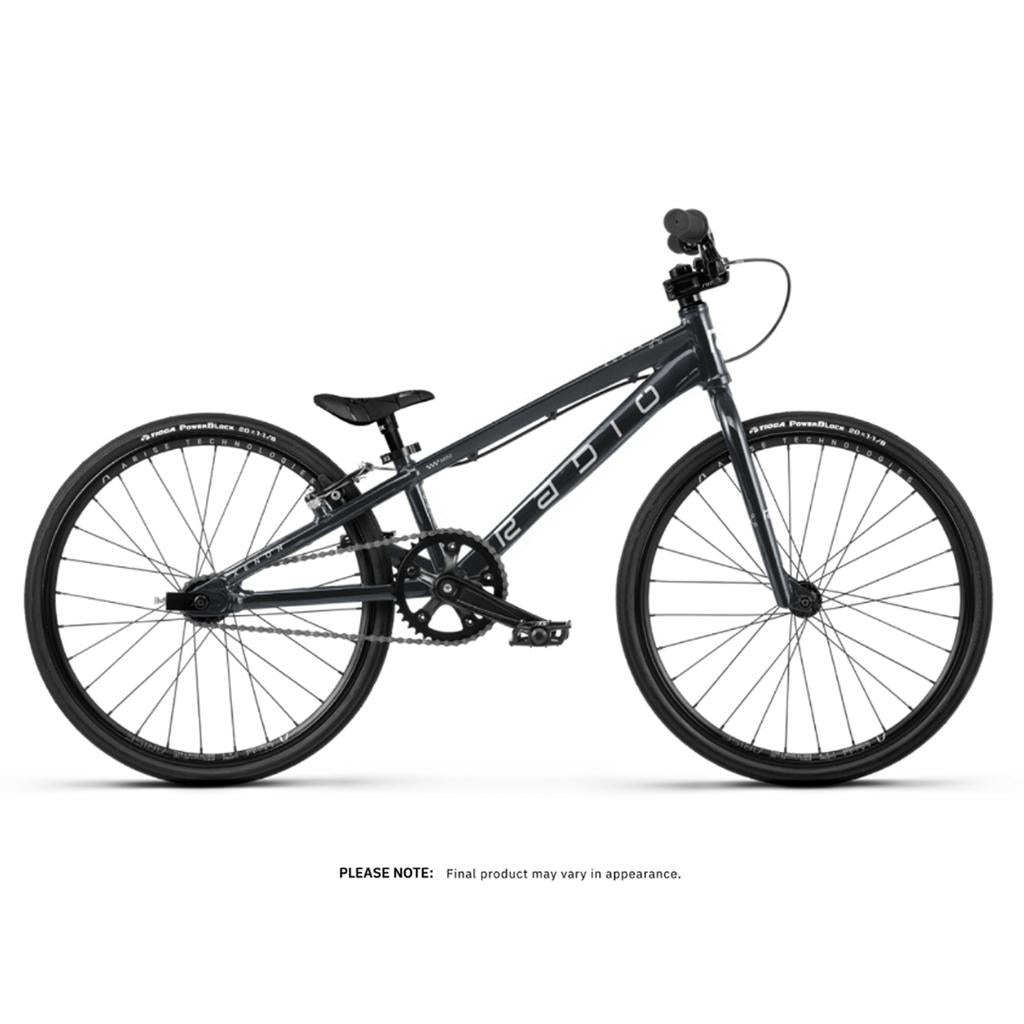 Side view of the lightweight Radio Xenon Mini Disc 20 Inch Bike, featuring large wheels, flat handlebars, a padded seat, and a hydroformed 6061-T6 alloy frame, shown on a white background.