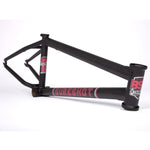 The BSD Sureshot Frame is a black all-round BMX frame with red and white accents and removable brake mounts, shown on a white background.