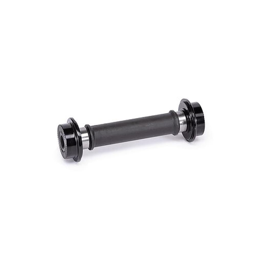 The ECLAT Cortex/Seismic Axle & Cone Set is a black metal bicycle bottom bracket spindle with bearings and flanges on both ends, featuring a female axle design similar to a front hub, shown isolated on a white background.