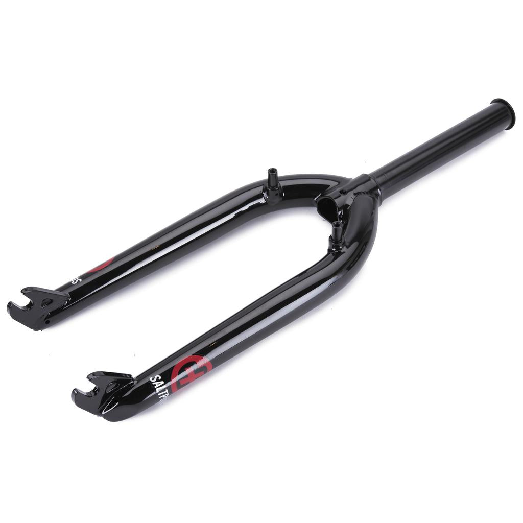 The Salt Plus EX Brake Mount Forks are glossy black forks with brand markings, 28mm offset, and brake mounts, ideal for replacing your bike's current fork.