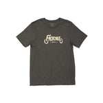 The Fairdale Wheels T-Shirt is a dark gray, short-sleeve tee with "Fatsrael Bikes" and a stylized bike graphic in white on the front, part of Fairdale’s slick tees collection.