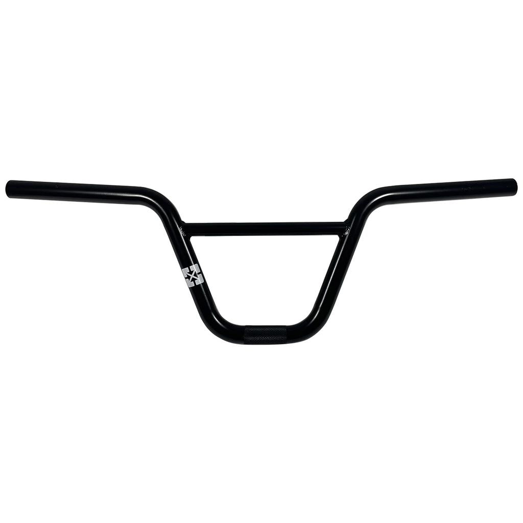 The Fit Bike Co AM Bars, tailored for younger riders, are sleek black BMX handlebars featuring a subtle logo on the right side and a robust crossbar for added durability, ideal for pairing with an AM 16 frame.