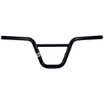 The Fit Bike Co AM Bars, tailored for younger riders, are sleek black BMX handlebars featuring a subtle logo on the right side and a robust crossbar for added durability, ideal for pairing with an AM 16 frame.