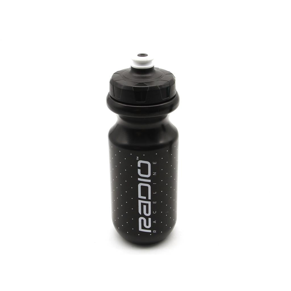 The Radio Raceline Team Water Bottle is a black, BPA-free sports bottle with 600ml capacity, a screw-on lid, and white "RADIO RACELINE" branding, displayed against a white background.