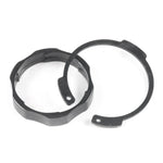The ECLAT Blind Freecoaster Spline Ring & C Clip, featuring a black metal circular c-clip with two holes and a split ring with an uneven edge, are shown on a white background—ideal replacement parts for blind free coaster hubs.
