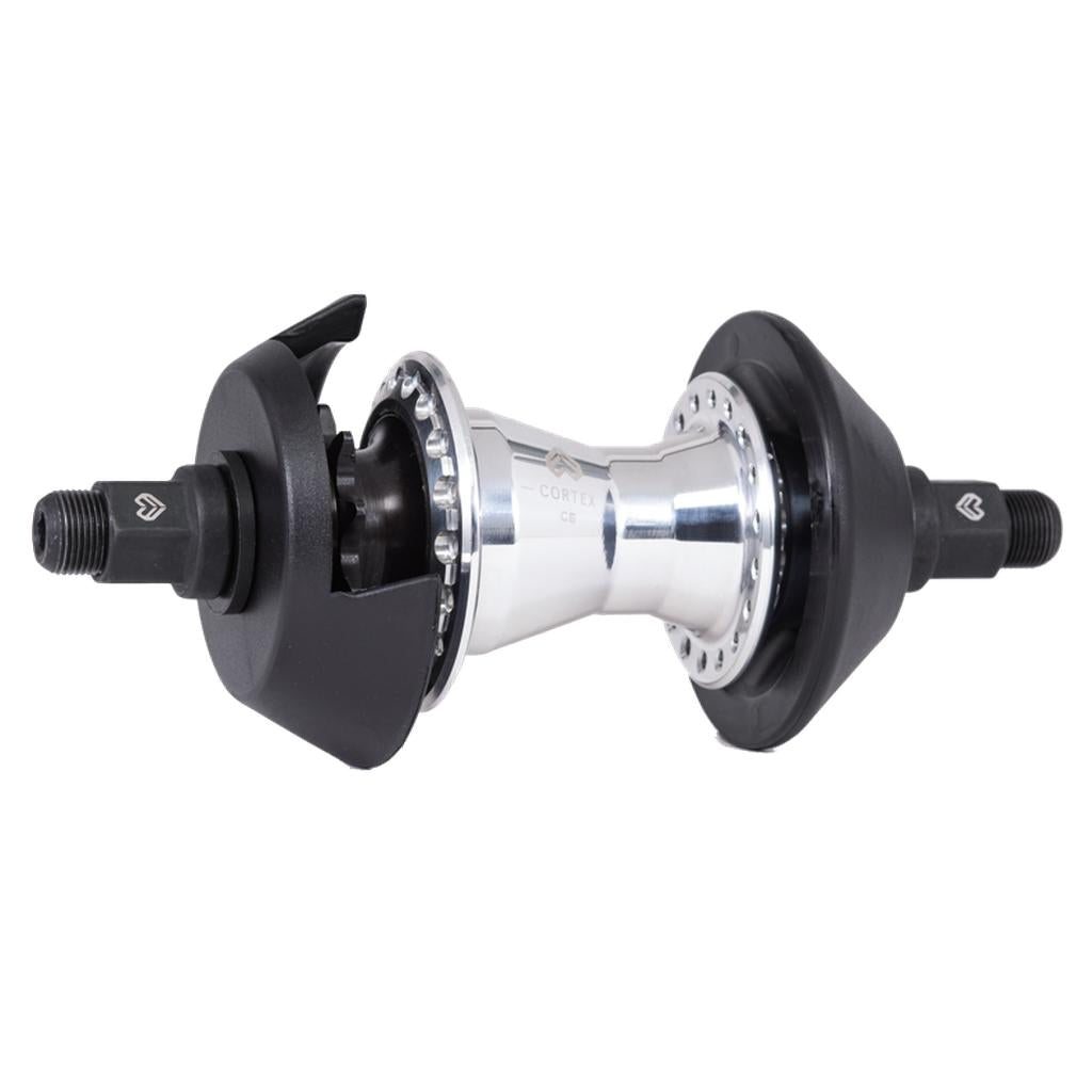 The Eclat Cortex EVO CS Rear Cassette Hub is a metallic BMX street hub featuring black axle bolts and plastic guards on both sides, shown against a plain white background.