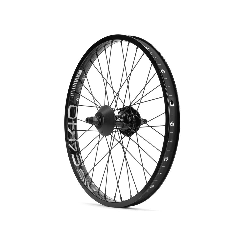 Eclat E440 / Cortex Evo Cassette 20 Inch rear wheel in black with metal spokes and a cassette hub, shown upright against a white background. The rim displays “E440” text and small graphics along the edge.