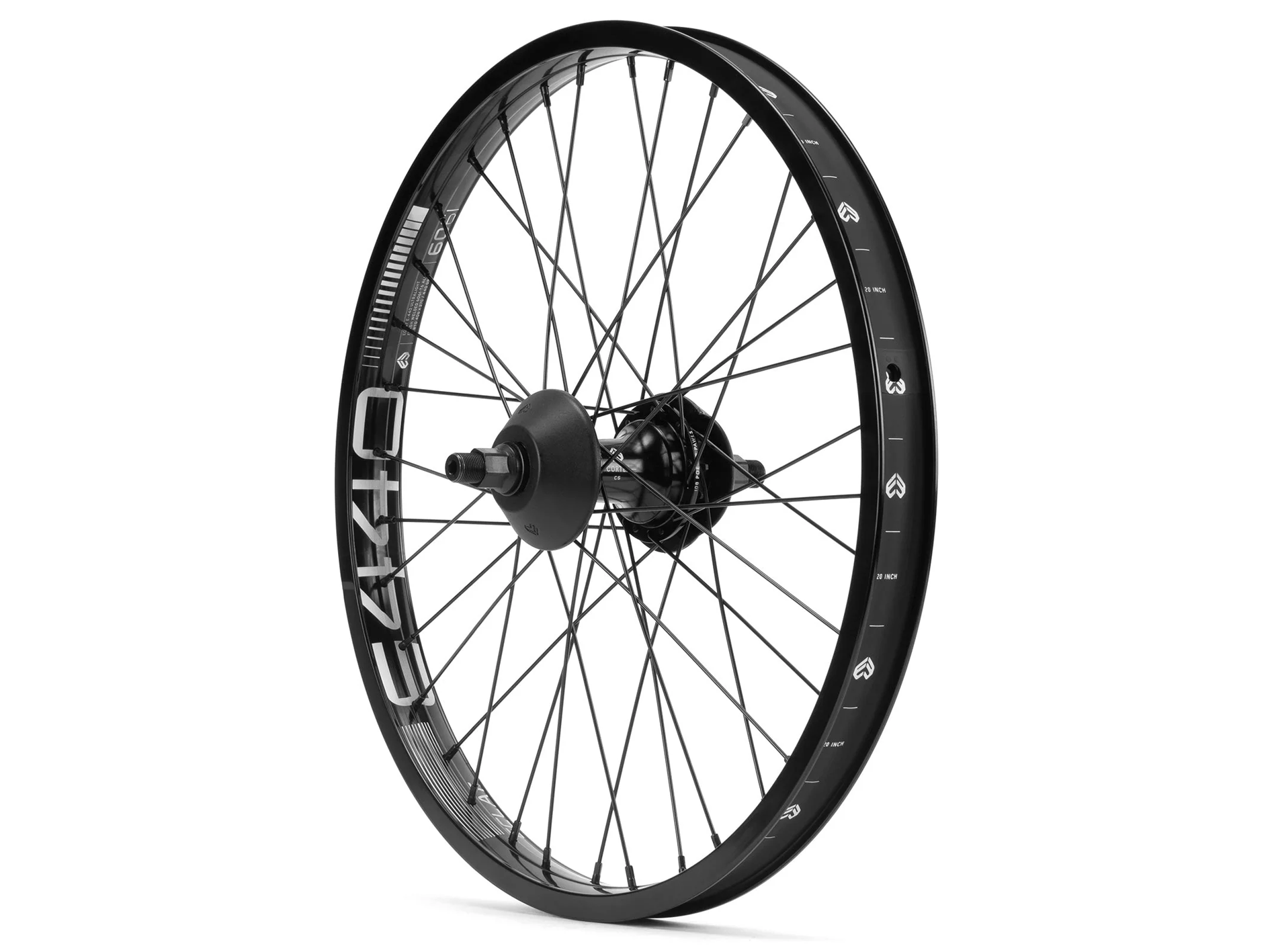 Eclat E440 / Cortex Evo Cassette 20 Inch rear wheel in black with metal spokes and a cassette hub, shown upright against a white background. The rim displays “E440” text and small graphics along the edge.