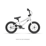 Radio Revo 14 Inch bike for children in white, featuring black handlebars, seat, and tires. Profile view on a white background. Text below states: "Product may vary in appearance.