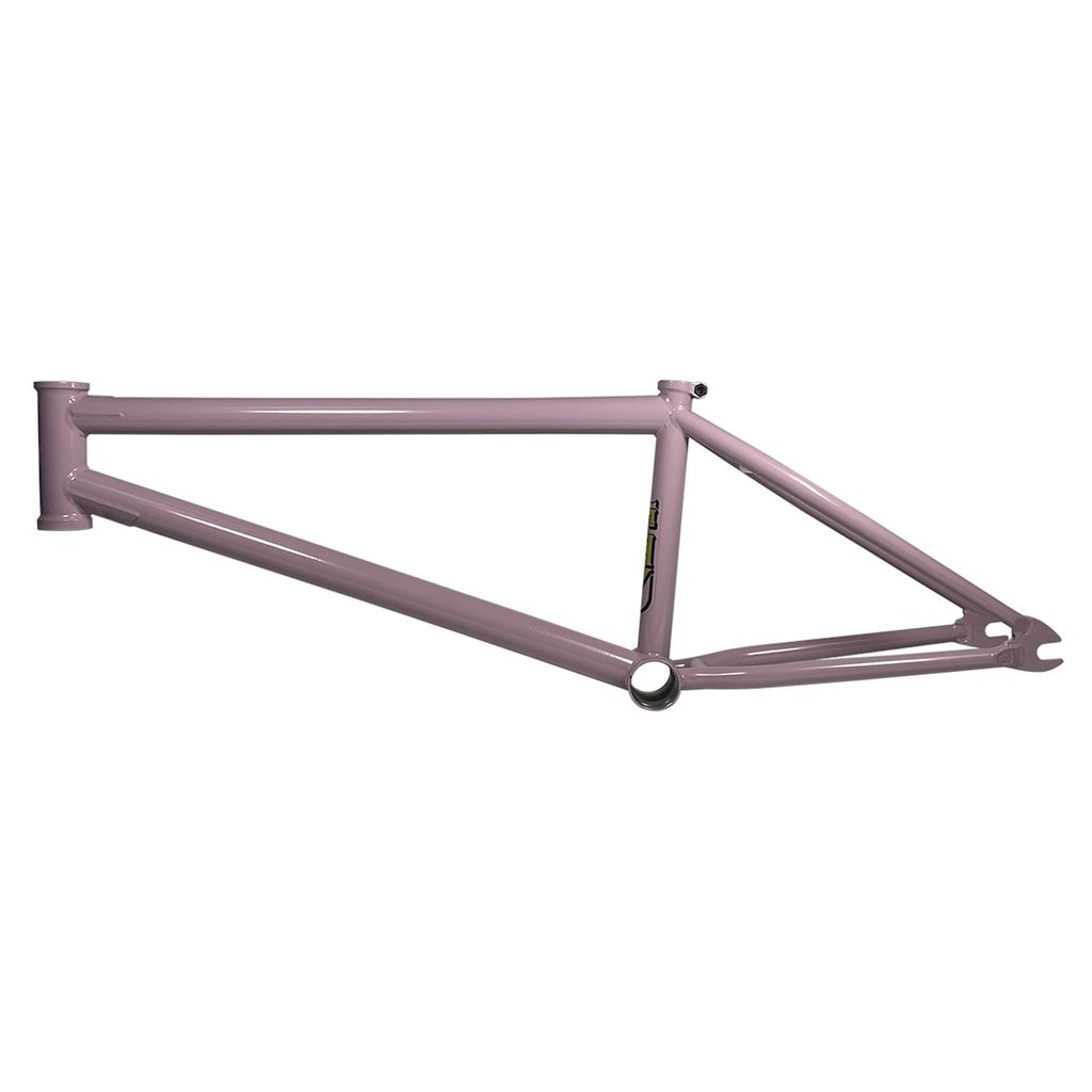 The S&M THD Street Frame, in pink, is set against a white background and highlights its triangular structure with attachment points for additional components. Its heat-treated dropouts provide enhanced durability, and the design maximizes standover height for a comfortable riding experience.
