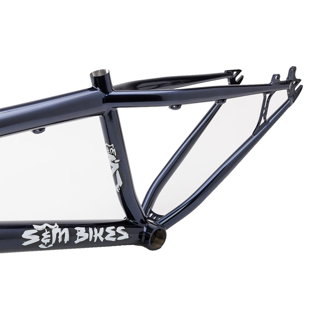 Close-up of the S&M Big Jumper V2 26 Inch Dirt Jumper Frame in dark blue, featuring "S&M BIKES" branding on the chainstays, seatstays, and bottom bracket—designed for use with suspension forks and disc brakes.