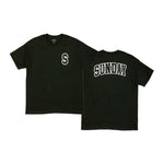 Front and back view of the black Sunday Blockhead T-Shirt: features a bold white "S" on the left chest and large "SUNDAY" lettering on the back—ideal for riding or relaxing.