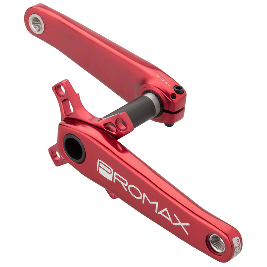 A pair of red brake levers featuring a Promax HF-2 Crank Set on a white background.