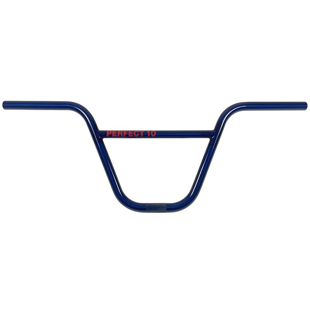 The S&M Perfect 10 Bars BMX handlebar is blue, has a central crossbar and classic 10" rise, with "PERFECT 10" printed in red on the top bar.