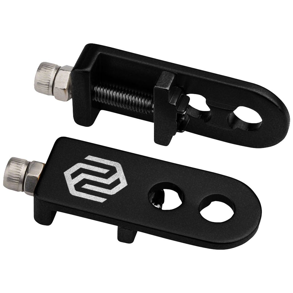 A pair of Promax C-1 Chain Tensioners with a logo on them, perfect for race bikes to prevent axle slipping and ensure proper chain tension.