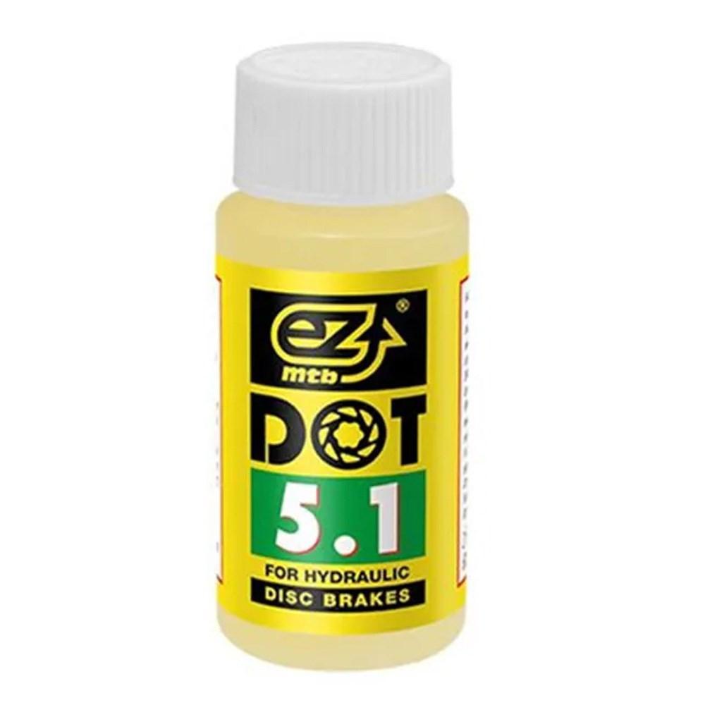 A bottle of EZ MTB Dot 5.1 Brake Fluid featuring yellow liquid and a white cap.