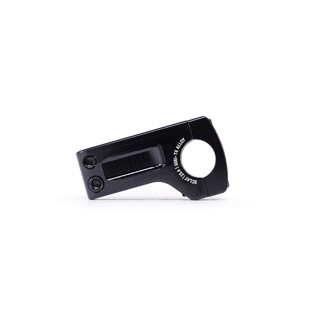 The Eclat Domain OS Front Load Stem (25.4mm clamp) is a black, oversized stem made from durable 6061-T6 alloy with a two-bolt front load design and circular handlebar opening, shown against a white background.
