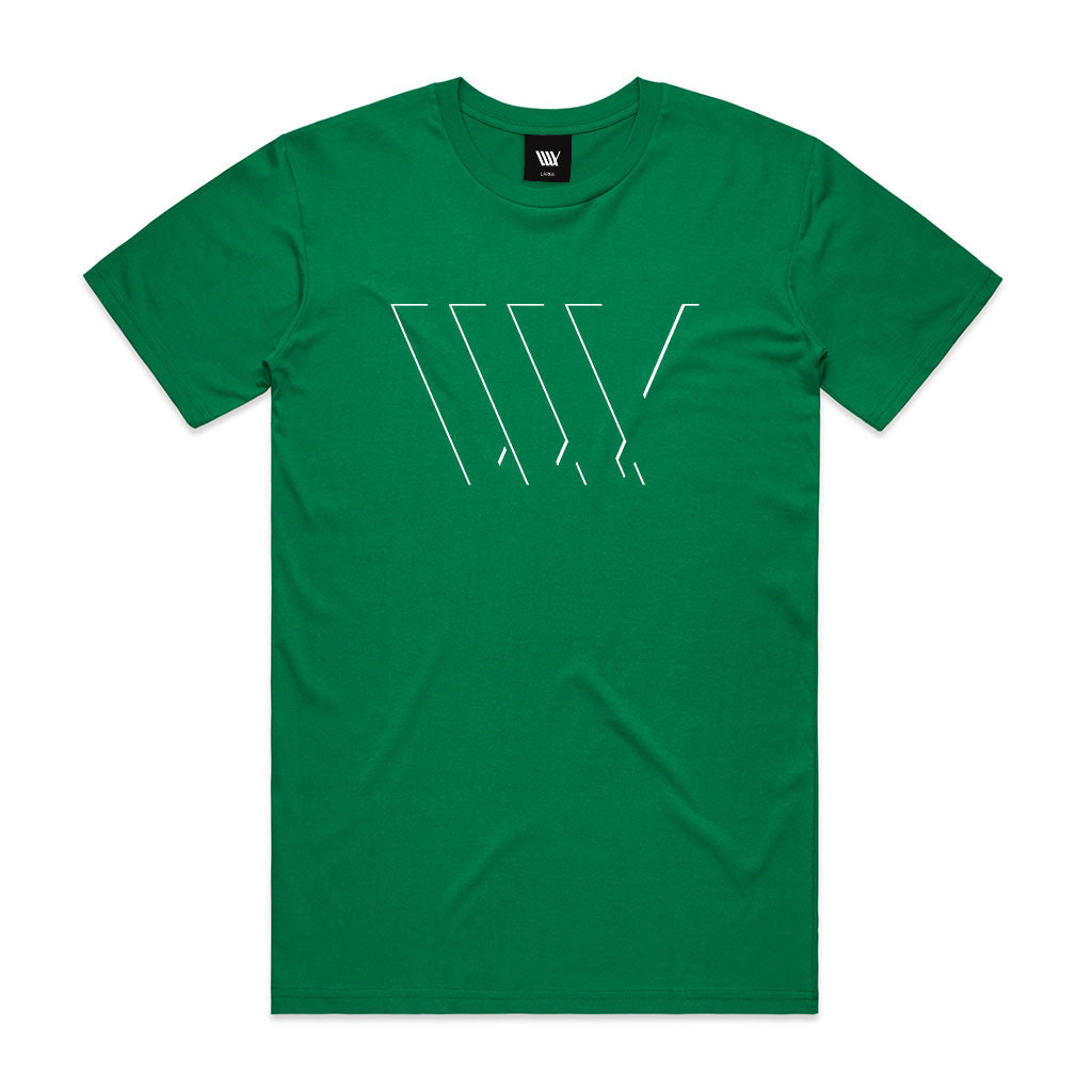 A LUXBMX Eclipse Tee - Kelly Green with a white arrow on it.