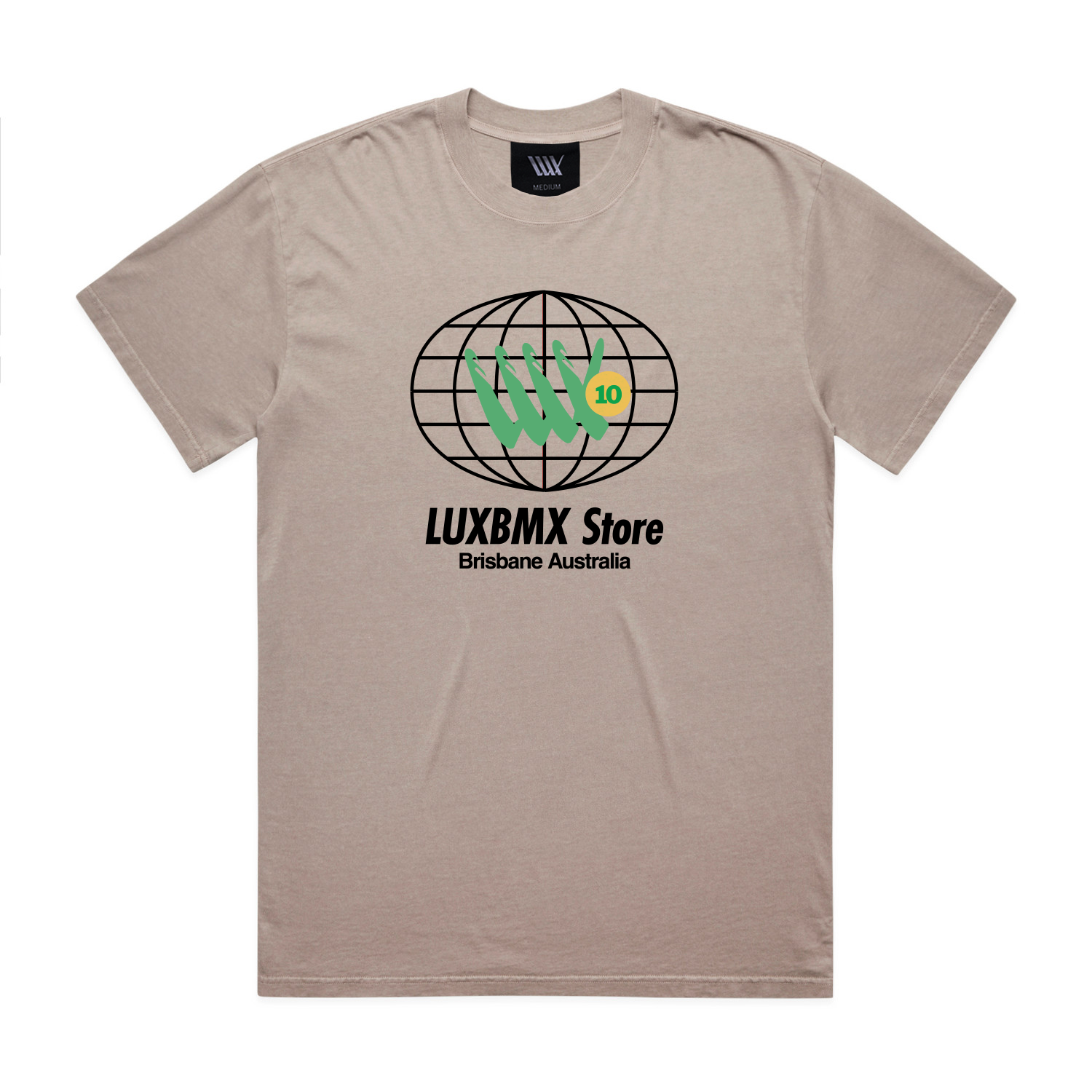 LUXBMX Eighty Eight Tee Faded Mushroom: A beige t-shirt featuring a black globe graphic, green hand symbol, "LUXBMX Store" text, and "Brisbane Australia" printed below the design—a subtle nod to Brisbane’s vibrant spirit and its iconic World Expo 88 heritage.