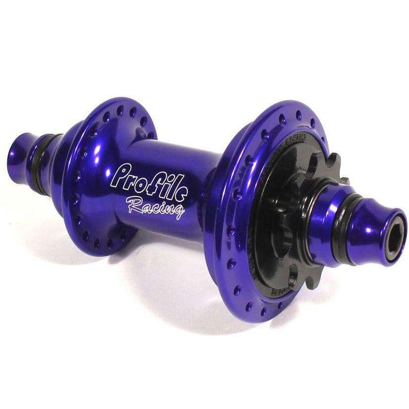 A black rim surrounds the Profile Elite Rear Cassette Hub on this blue bicycle.
