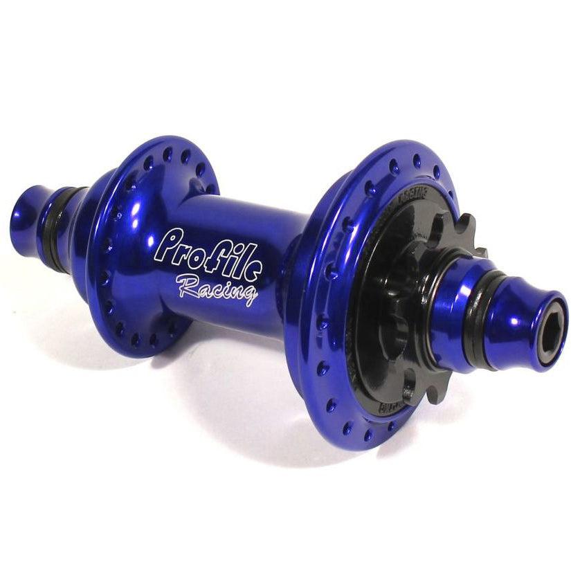 A blue Profile Elite Rear Cassette Hub with a black rim, designed for MTB usage.