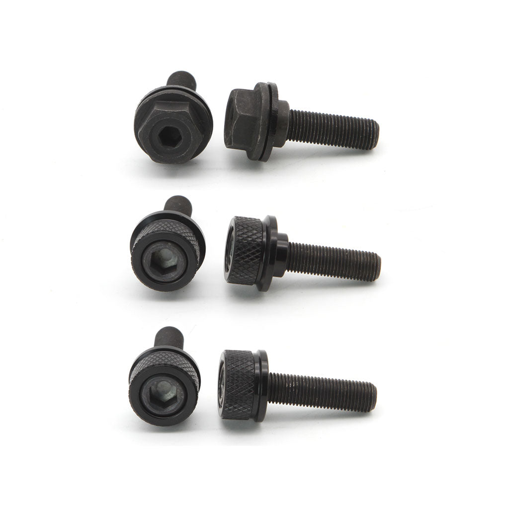 Six black Eclat Exile Bolt & Washer (Pair) placed in three pairs on a white background, with each pair consisting of one bolt upright and one bolt laid sideways.