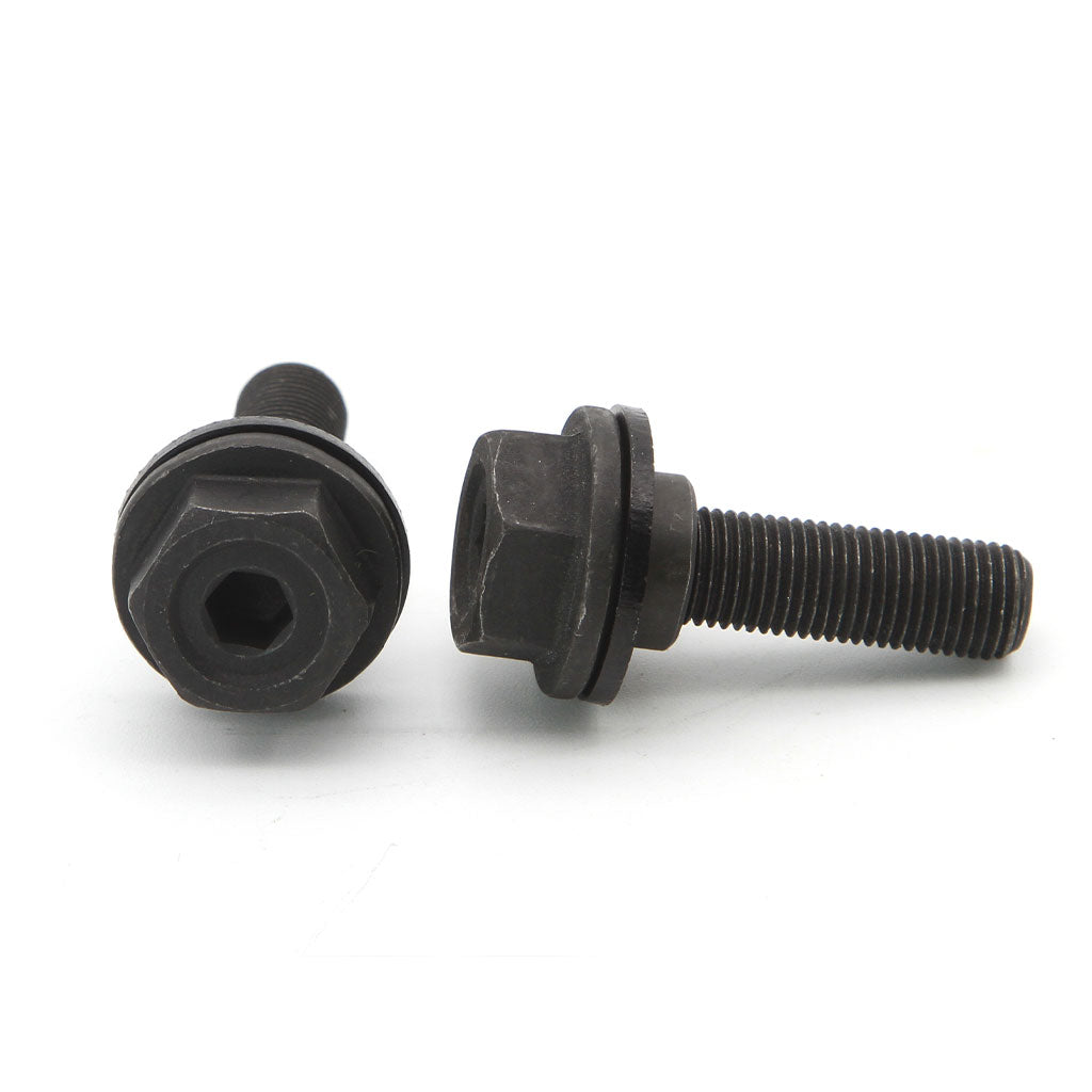 Two black Eclat Exile Bolt & Washer (Pair), reminiscent of exile hub bolts, are lying on a white surface; one is positioned vertically and the other horizontally.