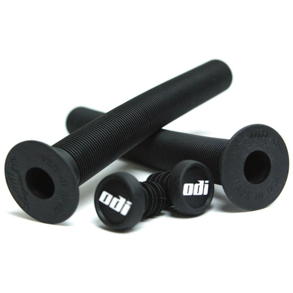 A pair of ODI Longneck XL Grips (black, 230mm) with two "odi" logo bar end plugs, displayed on a white background.