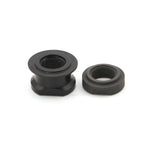The Eclat Exile Cone Set, featuring two black metal hex nuts with flanged bases for rear hub replacement, is shown on a white background—one upright and one lying down.